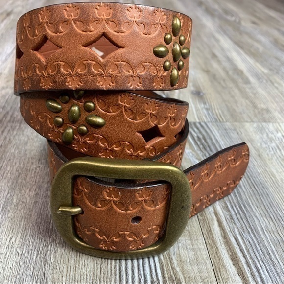Accessories - Brown Tooled Punched Leather Belt Gold Tone Metal Hardware and Stud Embellished